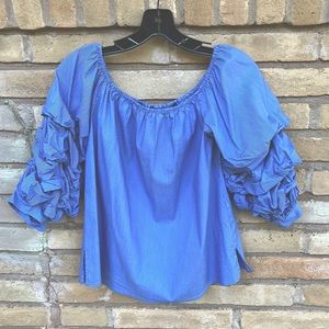 Zara Cotton Blue & White Pinstripe free-flowing blouse rouched sleeves Small